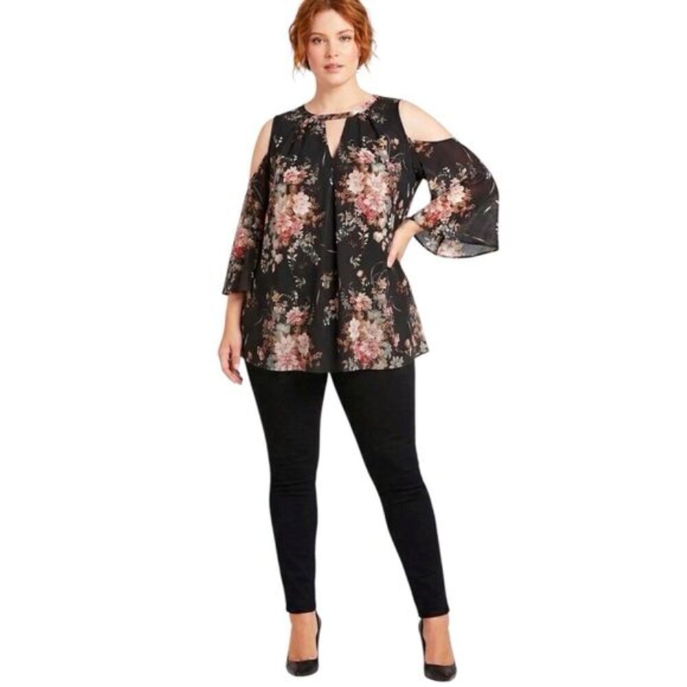 Emery Rose Womens Floral Cold Shoulder Boho Blouse Top Black Keyhole Plus Sz 3XL